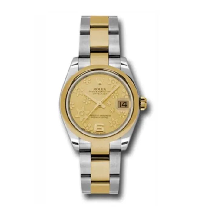 Rolex Bracelets Rolex Datejust 31mm Ref 178243 chfo Champagne Floral Motif Dial Two Tone Stainless Steel 18K Yellow Gold Oyster Bracelet Womens Watch