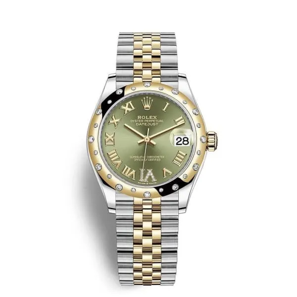 Rolex Bracelets Rolex Datejust 31mm Ref 278343rbr0016 Olive Green Roman Diamond Dial Diamond Bezel Two Tone Stainless Steel 18K Yellow Gold Jubilee Bracelet Womens Watch
