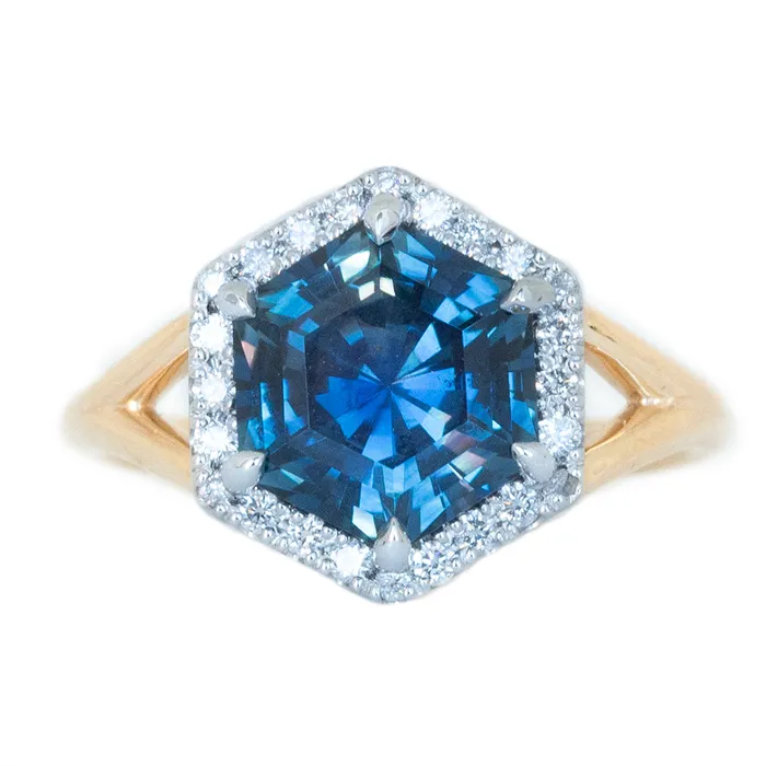 Anueva Jewelry Rings 331ct Blue Hexagon Montana Sapphire Split Shank Halo Ring Anueva Jewelry Rings 331ct Blue Hexagon Montana Sapphire Split Shank Halo Ring
