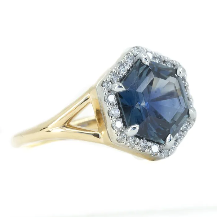 Anueva Jewelry Rings 331ct Blue Hexagon Montana Sapphire Split Shank Halo Ring