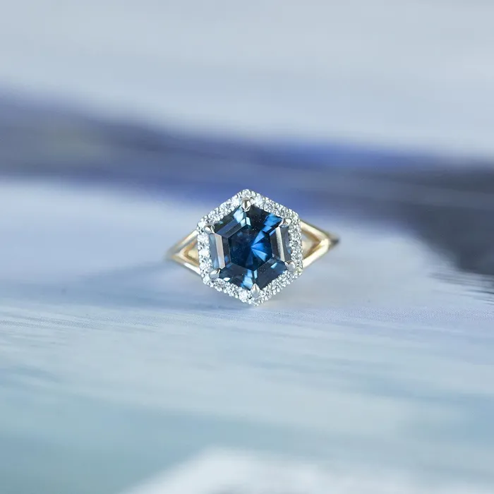 Anueva Jewelry Rings 331ct Blue Hexagon Montana Sapphire Split Shank Halo Ring