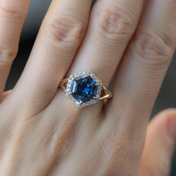 Anueva Jewelry Rings 331ct Blue Hexagon Montana Sapphire Split Shank Halo Ring