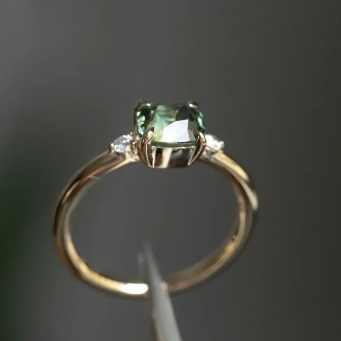 JEWELMINE GEMS Rings 158ct Untreated Cushion Parti Sapphire and Diamond Low Profile Evergreen EastWest Ring in 14k Yellow Gold
