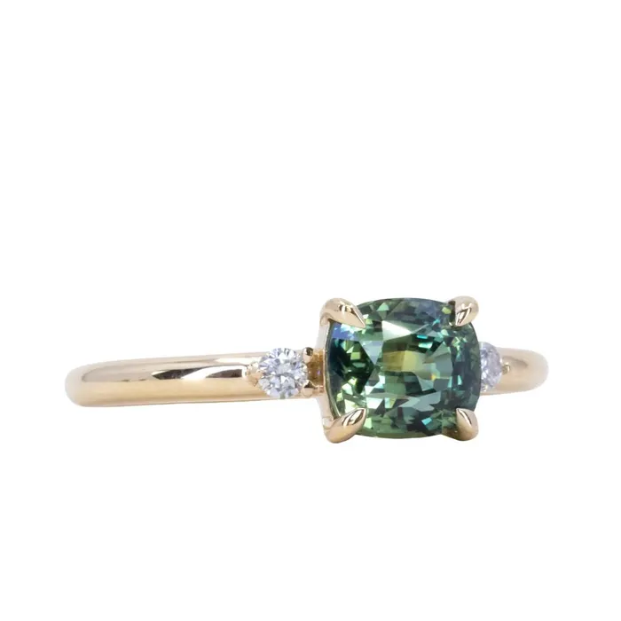 JEWELMINE GEMS Rings 158ct Untreated Cushion Parti Sapphire and Diamond Low Profile Evergreen EastWest Ring in 14k Yellow Gold