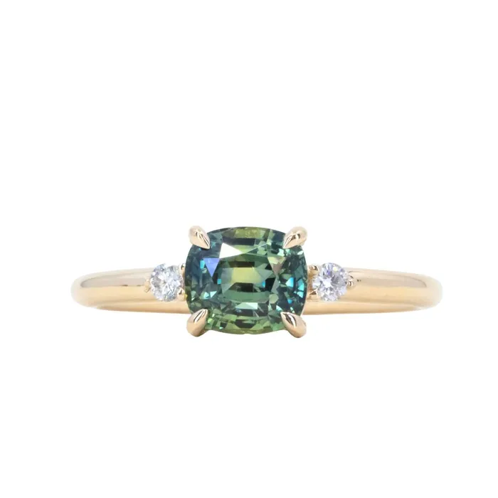 JEWELMINE GEMS Rings 158ct Untreated Cushion Parti Sapphire and Diamond Low Profile Evergreen EastWest Ring in 14k Yellow Gold