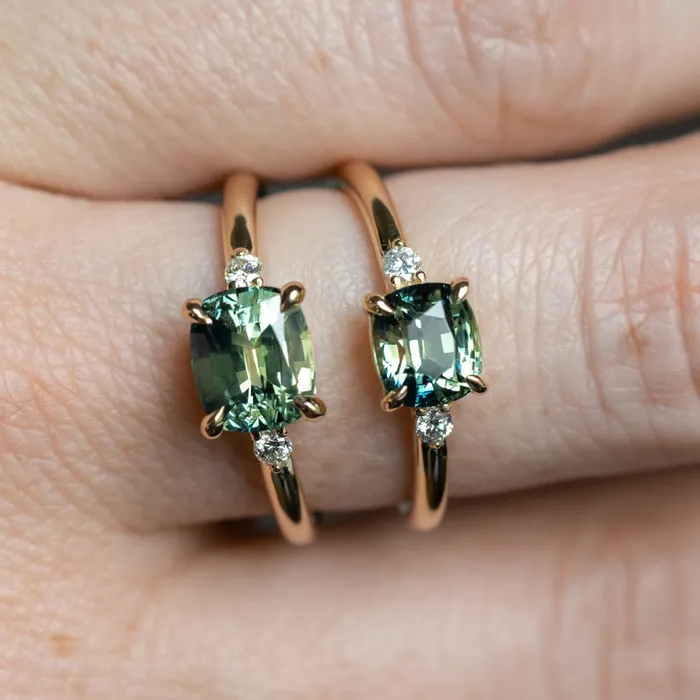JEWELMINE GEMS Rings 158ct Untreated Cushion Parti Sapphire and Diamond Low Profile Evergreen EastWest Ring in 14k Yellow Gold
