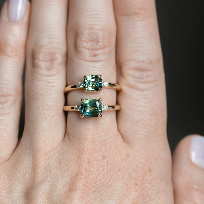 JEWELMINE GEMS Rings 158ct Untreated Cushion Parti Sapphire and Diamond Low Profile Evergreen EastWest Ring in 14k Yellow Gold
