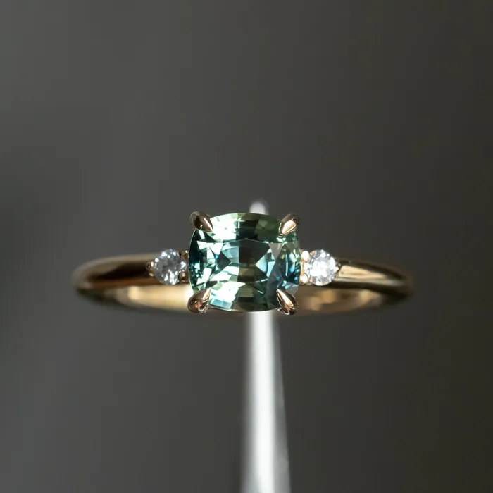 JEWELMINE GEMS Rings 158ct Untreated Cushion Parti Sapphire and Diamond Low Profile Evergreen EastWest Ring in 14k Yellow Gold