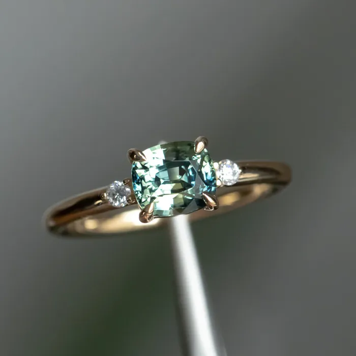 JEWELMINE GEMS Rings 158ct Untreated Cushion Parti Sapphire and Diamond Low Profile Evergreen EastWest Ring in 14k Yellow Gold