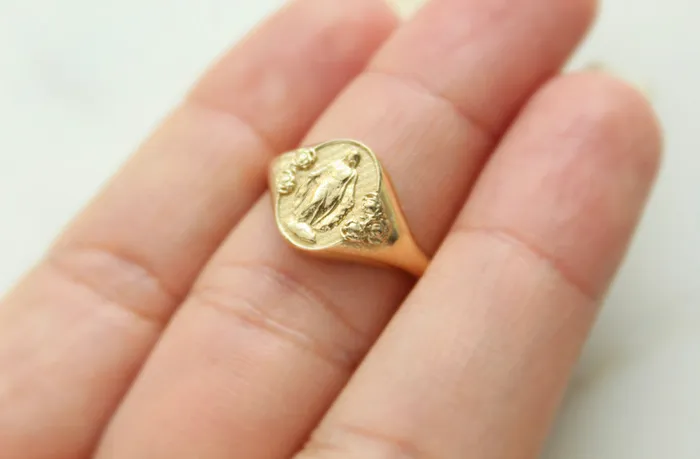 The Little Catholic Miraculous Medal Signet Ring in 14k Gold Rings