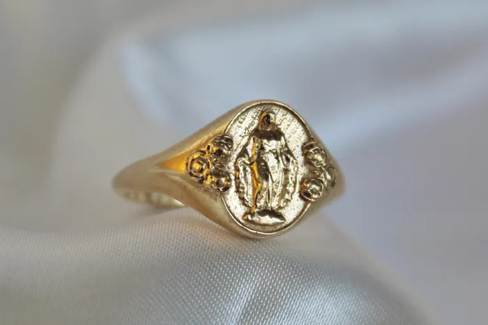 The Little Catholic Miraculous Medal Signet Ring in 14k Gold Rings