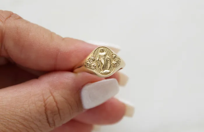 The Little Catholic Miraculous Medal Signet Ring in 14k Gold Rings