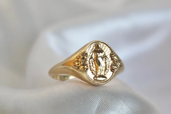 The Little Catholic Miraculous Medal Signet Ring in 14k Gold Rings
