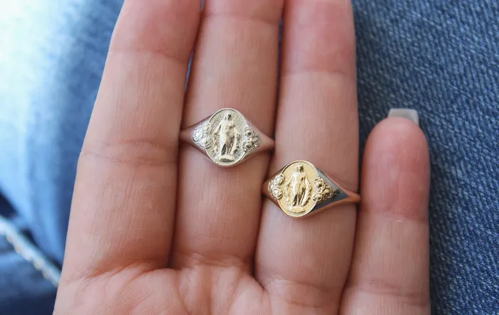 The Little Catholic Miraculous Medal Signet Ring in 14k Gold Rings