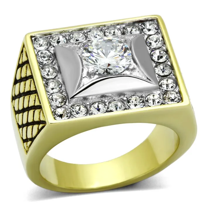 Alamode Rings TK1061 TwoTone IP Gold Ion Plating Stainless Steel Ring with AAA Grade CZ in Clear Alamode Rings TK1061 TwoTone IP Gold Ion Plating Stainless Steel Ring with AAA Grade CZ in Clear