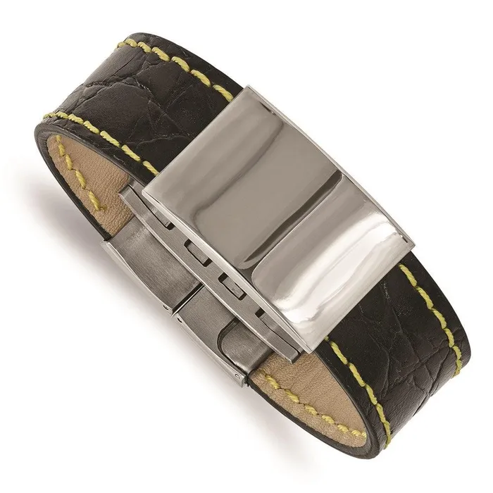 Bracelets Chisel Stainless Steel Polished Black LeatherYellow Stitch ID Bracelet Bracelets Chisel Stainless Steel Polished Black LeatherYellow Stitch ID Bracelet