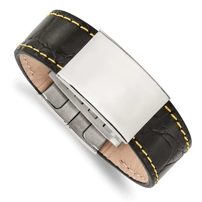 Bracelets Chisel Stainless Steel Polished Black LeatherYellow Stitch ID Bracelet Bracelets Chisel Stainless Steel Polished Black LeatherYellow Stitch ID Bracelet