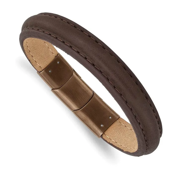 Bracelets Chisel Stainless Steel Polished Rose IP Brown Leather w5in ext 775in Bracelet Bracelets Chisel Stainless Steel Polished Rose IP Brown Leather w5in ext 775in Bracelet