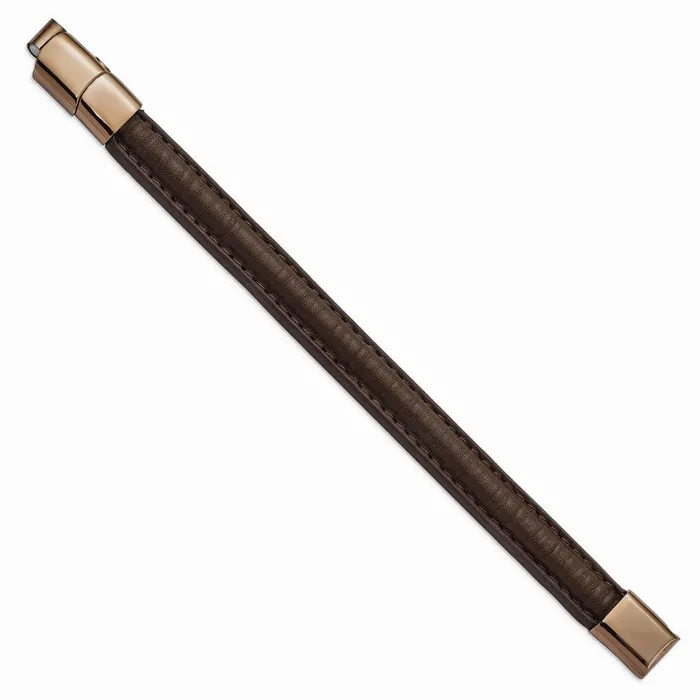 Bracelets Chisel Stainless Steel Polished Rose IP Brown Leather w5in ext 775in Bracelet Bracelets Chisel Stainless Steel Polished Rose IP Brown Leather w5in ext 775in Bracelet
