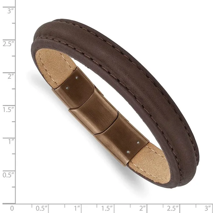 Bracelets Chisel Stainless Steel Polished Rose IP Brown Leather w5in ext 775in Bracelet Bracelets Chisel Stainless Steel Polished Rose IP Brown Leather w5in ext 775in Bracelet