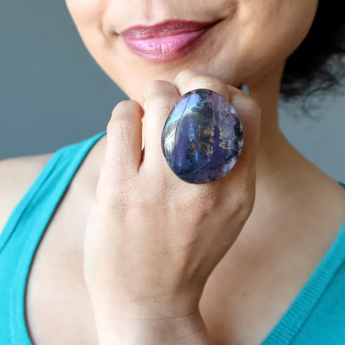 Dendritic Agate Ring Deep Purple Bronze Adjustable Satin Crystals Rings