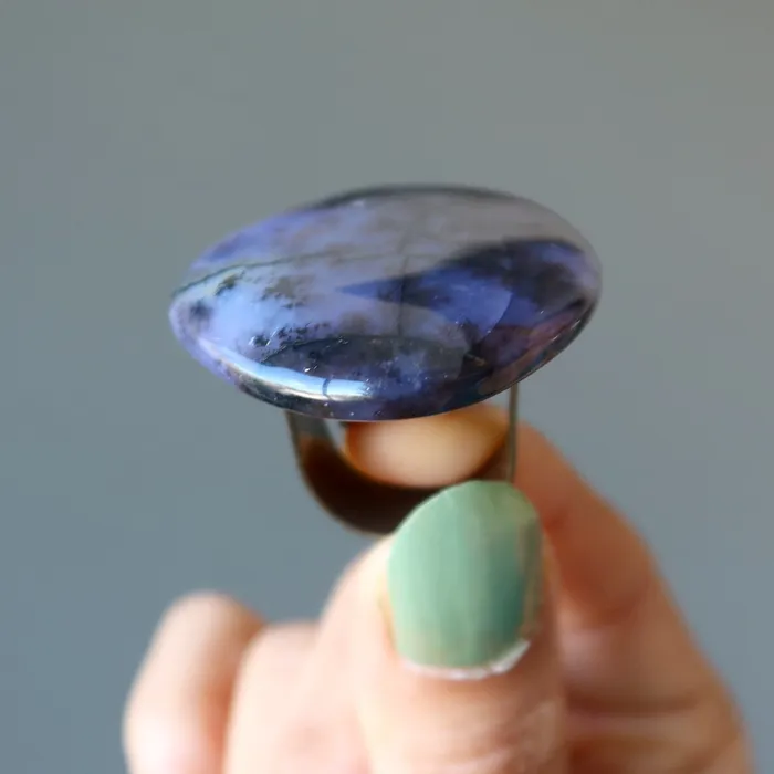 Dendritic Agate Ring Deep Purple Bronze Adjustable Satin Crystals Rings
