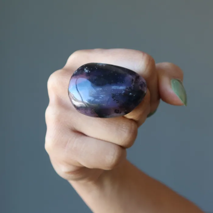 Dendritic Agate Ring Deep Purple Bronze Adjustable Satin Crystals Rings