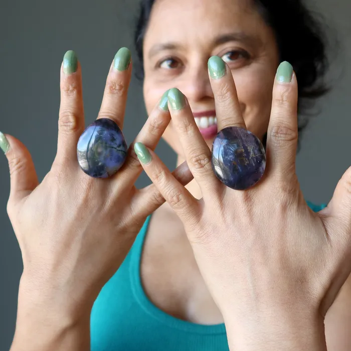 Dendritic Agate Ring Deep Purple Bronze Adjustable Satin Crystals Rings