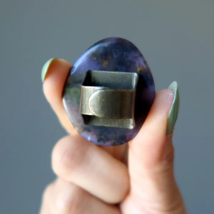 Dendritic Agate Ring Deep Purple Bronze Adjustable Satin Crystals Rings