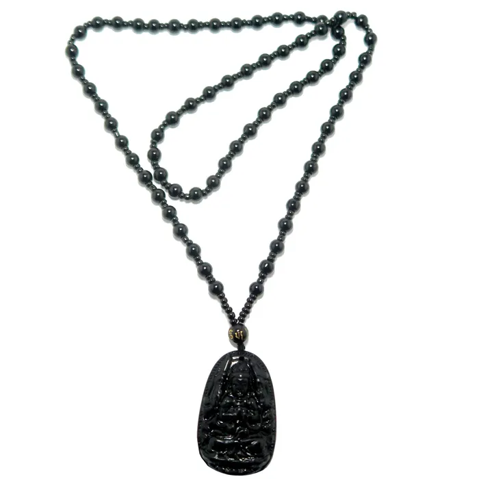 Necklaces Black Obsidian Necklace Kwan Yin Goddess Protection Satin Crystals