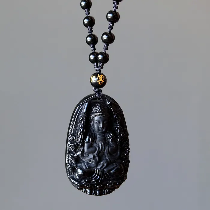 Necklaces Black Obsidian Necklace Kwan Yin Goddess Protection Satin Crystals