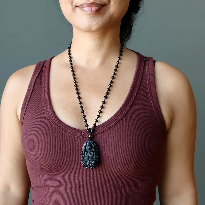 Necklaces Black Obsidian Necklace Kwan Yin Goddess Protection Satin Crystals