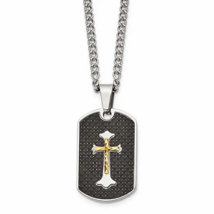 Necklaces Chisel Stainless Steel Carbon Fiber Inlay Gold IPplated DC Cross Necklace Necklaces Chisel Stainless Steel Carbon Fiber Inlay Gold IPplated DC Cross Necklace