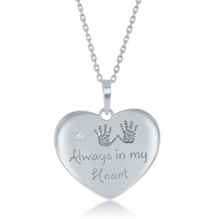 Necklaces Classic Sterling Silver Engraved Hand Prints Always in my Heart Single CZ Heart Necklace Necklaces Classic Sterling Silver Engraved Hand Prints Always in my Heart Single CZ Heart Necklace