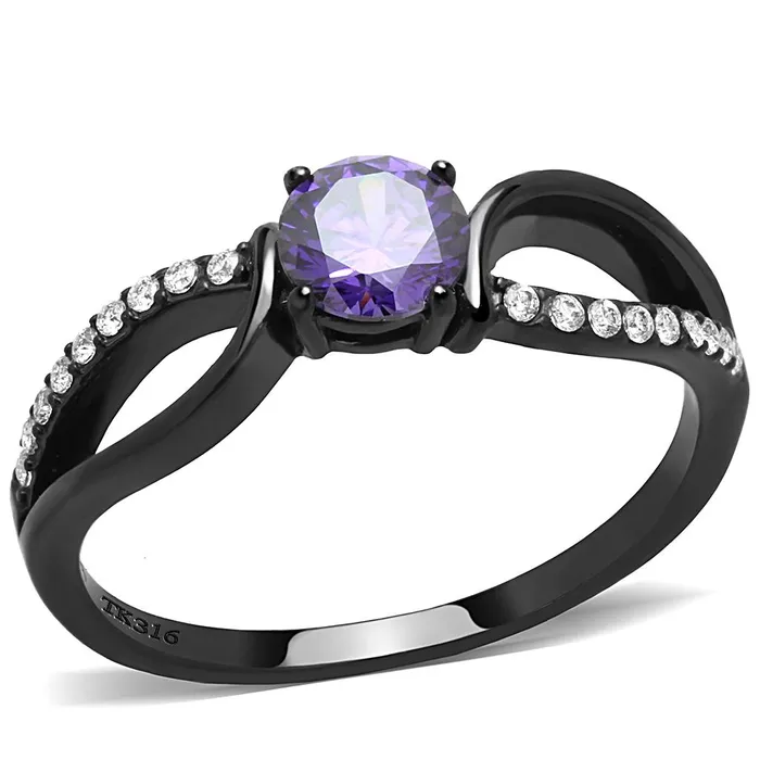 Rings DA003 IP BlackIon Plating Stainless Steel Ring with AAA Grade CZ in Amethyst Alamode Rings DA003 IP BlackIon Plating Stainless Steel Ring with AAA Grade CZ in Amethyst Alamode