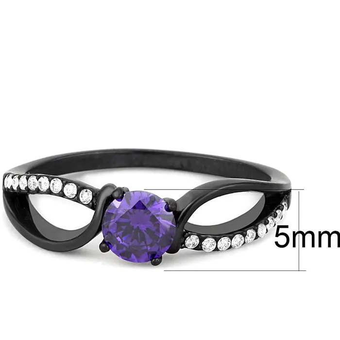 Rings DA003 IP BlackIon Plating Stainless Steel Ring with AAA Grade CZ in Amethyst Alamode