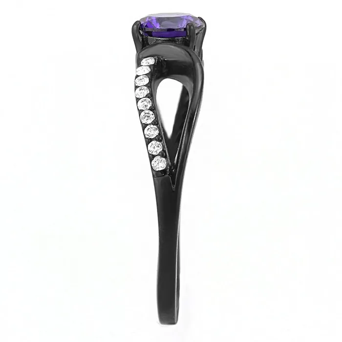 Rings DA003 IP BlackIon Plating Stainless Steel Ring with AAA Grade CZ in Amethyst Alamode