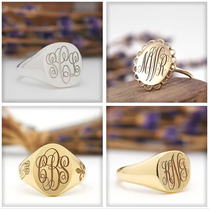 Rings deBebians Womens Square Signet Ring Medium Laser Engraved Script Monogram