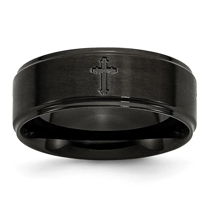Stainless Steel 8mm BrushedPolished Cross CutOut Black IPplated Band Chisel Rings Stainless Steel 8mm BrushedPolished Cross CutOut Black IPplated Band Chisel Rings