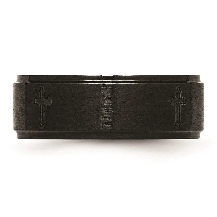 Stainless Steel 8mm BrushedPolished Cross CutOut Black IPplated Band Chisel Rings Stainless Steel 8mm BrushedPolished Cross CutOut Black IPplated Band Chisel Rings