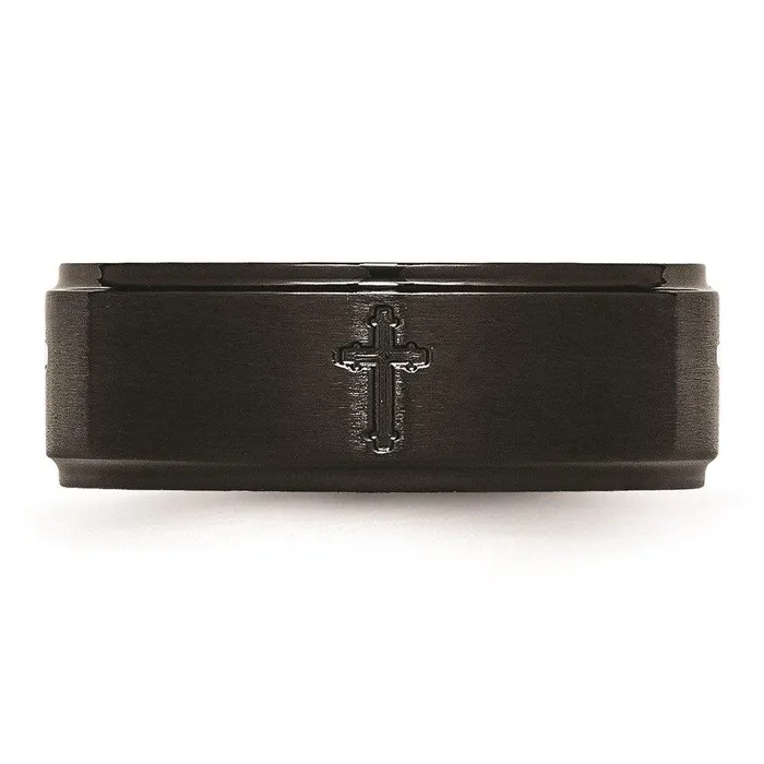 Stainless Steel 8mm BrushedPolished Cross CutOut Black IPplated Band Chisel Rings Stainless Steel 8mm BrushedPolished Cross CutOut Black IPplated Band Chisel Rings