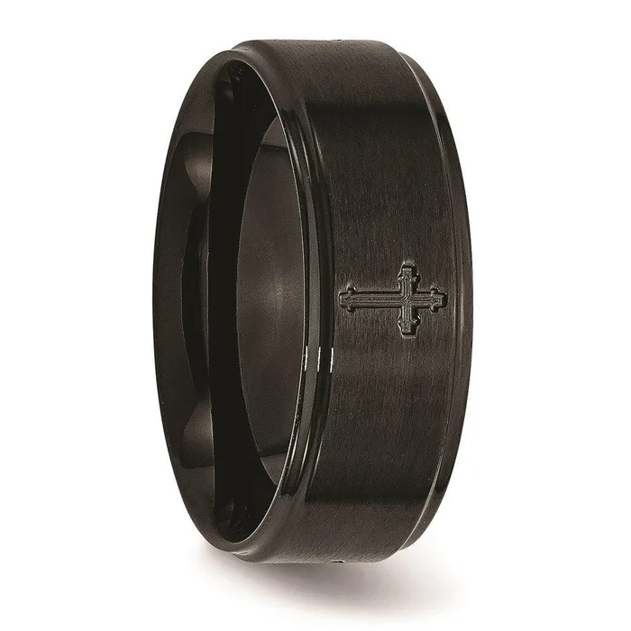 Stainless Steel 8mm BrushedPolished Cross CutOut Black IPplated Band Chisel Rings Stainless Steel 8mm BrushedPolished Cross CutOut Black IPplated Band Chisel Rings
