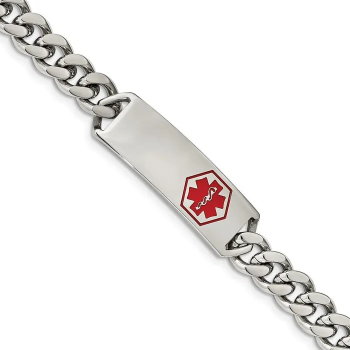 Stainless Steel Polished with Red Enamel 8in Medical ID Bracelet Chisel Bracelets Stainless Steel Polished with Red Enamel 8in Medical ID Bracelet Chisel Bracelets