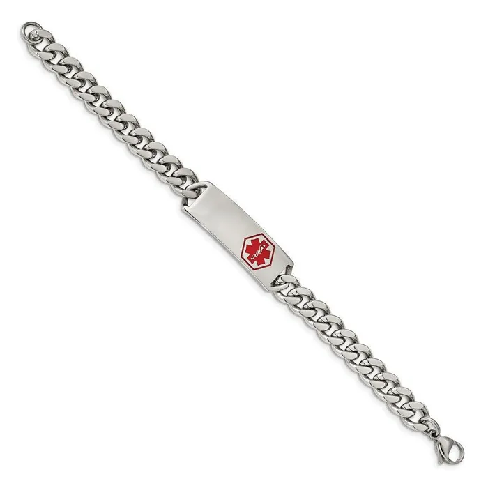 Stainless Steel Polished with Red Enamel 8in Medical ID Bracelet Chisel Bracelets Stainless Steel Polished with Red Enamel 8in Medical ID Bracelet Chisel Bracelets