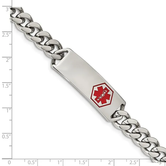 Stainless Steel Polished with Red Enamel 8in Medical ID Bracelet Chisel Bracelets Stainless Steel Polished with Red Enamel 8in Medical ID Bracelet Chisel Bracelets