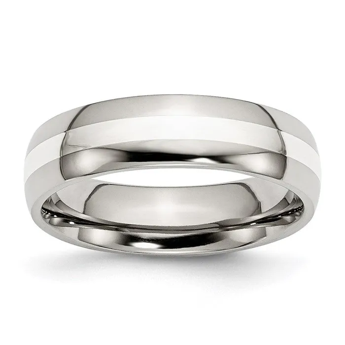 Stainless Steel Sterling Silver Inlay 6mm Polished Band Chisel Rings Stainless Steel Sterling Silver Inlay 6mm Polished Band Chisel Rings