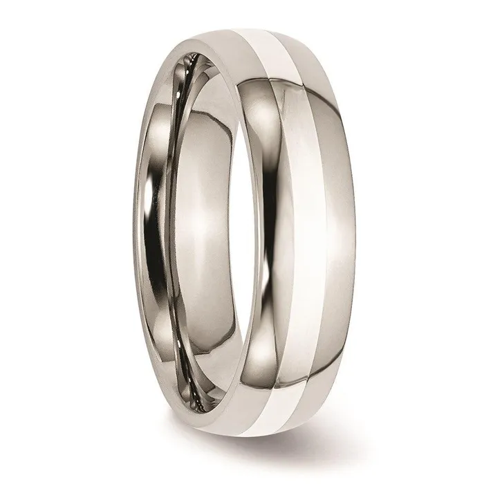 Stainless Steel Sterling Silver Inlay 6mm Polished Band Chisel Rings Stainless Steel Sterling Silver Inlay 6mm Polished Band Chisel Rings