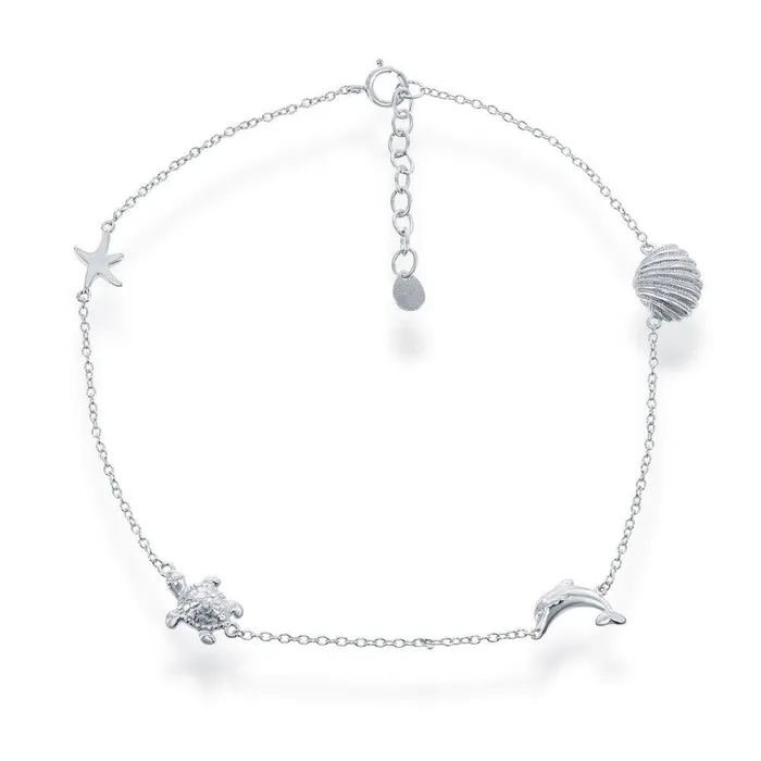Sterling Silver Shell Dolphin Turtle and Starfish Anklet Classic Rings