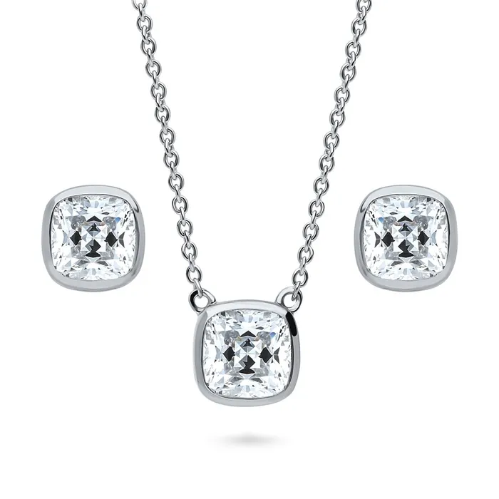 BERRICLE Earrings Solitaire Bezel Cushion CZ Set in Sterling Silver