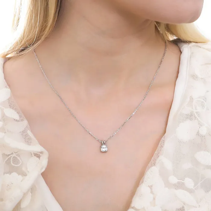 BERRICLE Necklaces Solitaire Checkerboard Cushion CZ Necklace in Sterling Silver